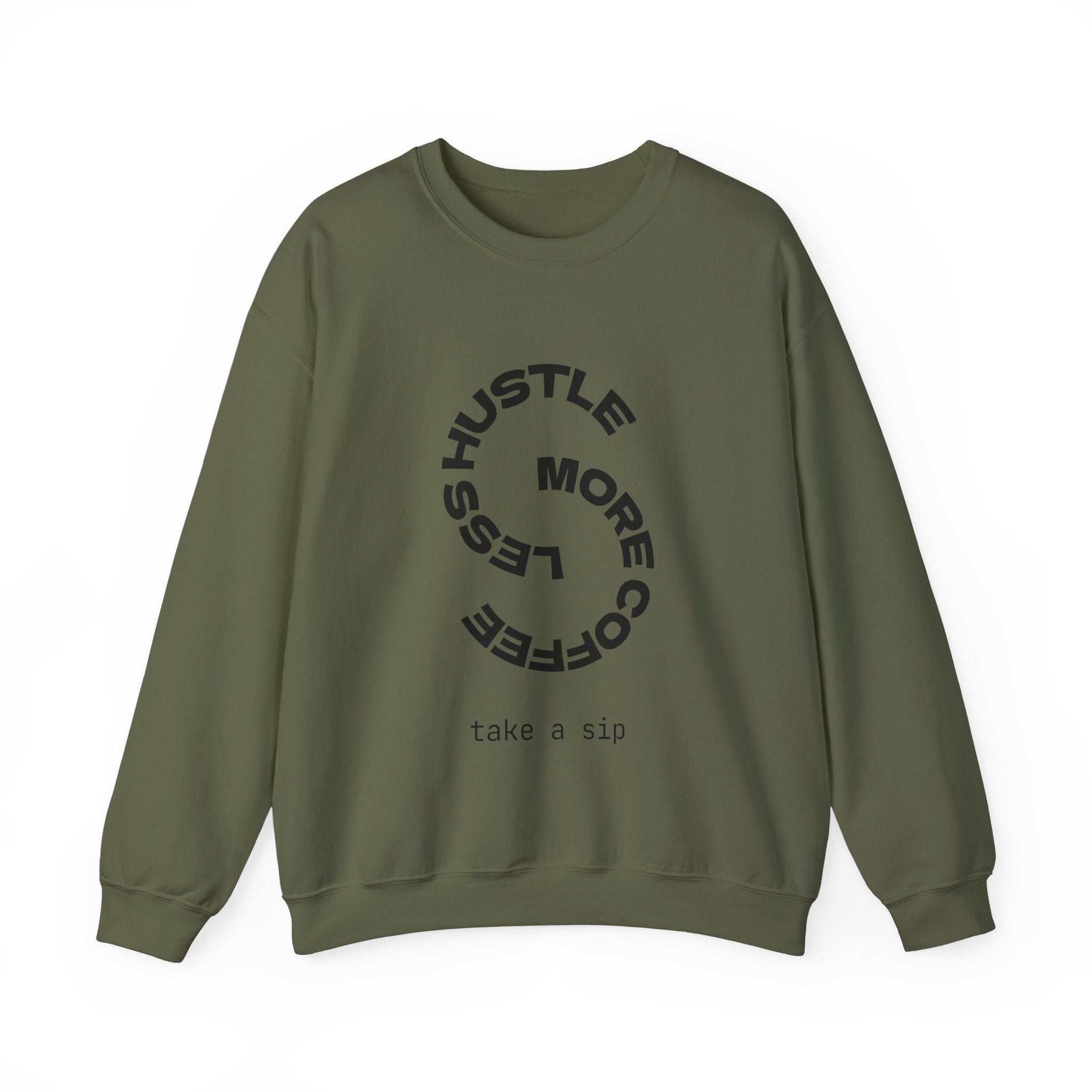 Crewneck Sweatshirt — "Hustle More, Coffee Less" Minimalist Coffee Tee for Hustlers