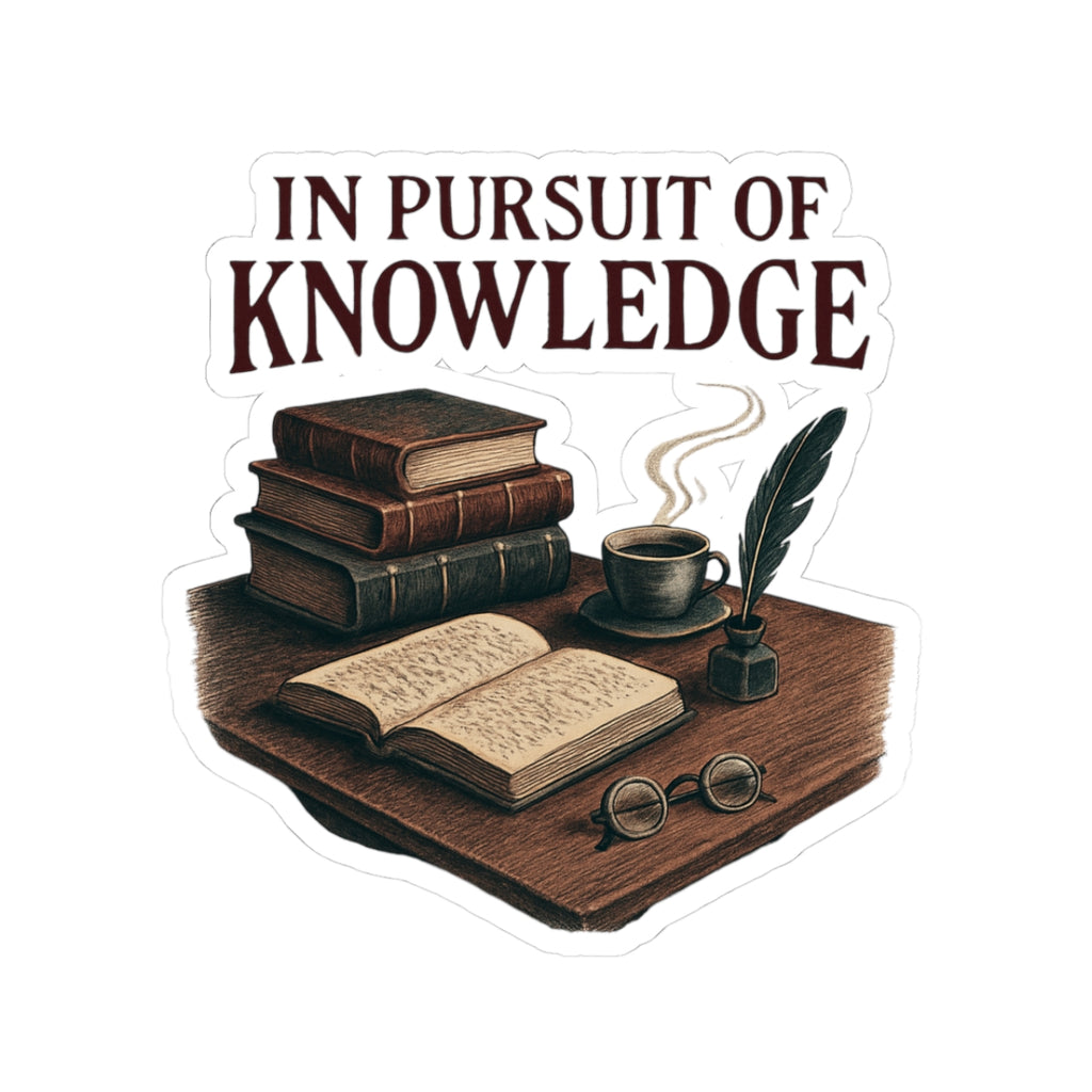 Kiss-Cut Sticker — "In Pursuit of Knowledge" Vintage Books & Quill Laptop Decal