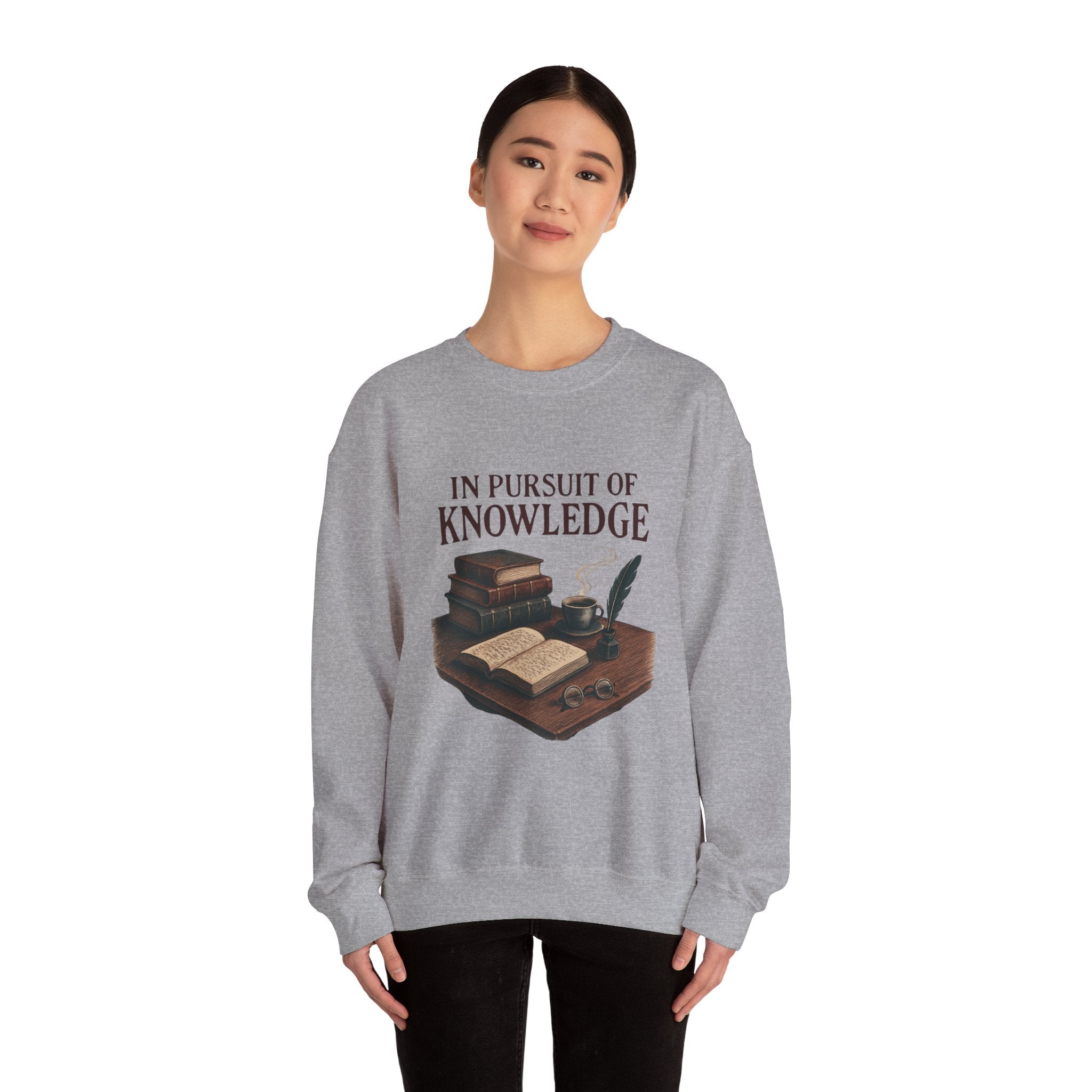 Knowledge Lover Sweatshirt — "In Pursuit of Knowledge" Book & Quill Crewneck