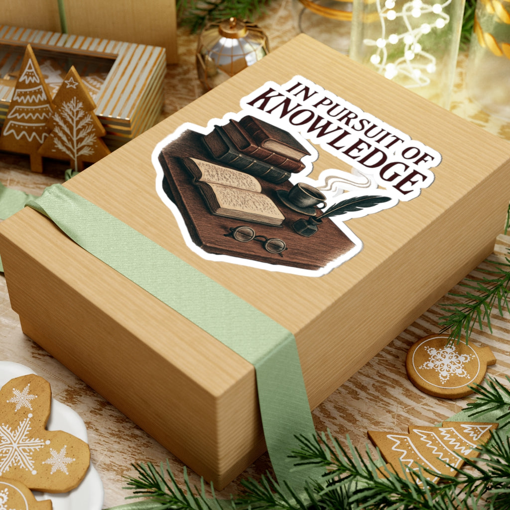 Kiss-Cut Sticker — "In Pursuit of Knowledge" Vintage Books & Quill Laptop Decal