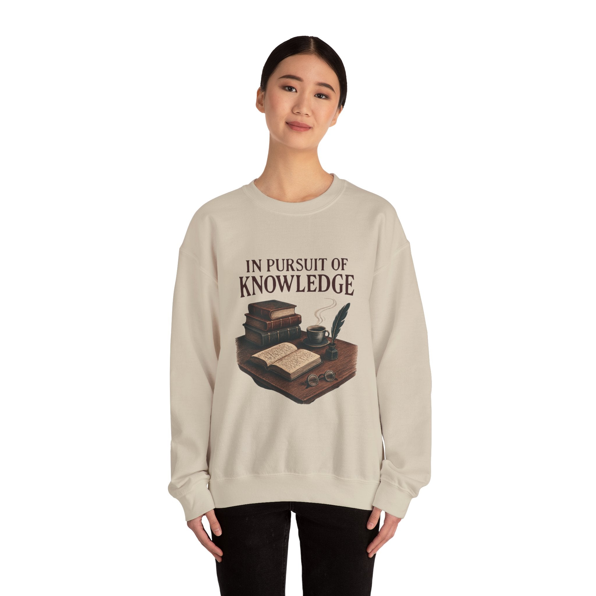Knowledge Lover Sweatshirt — "In Pursuit of Knowledge" Book & Quill Crewneck