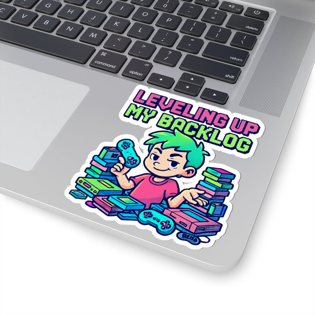 Leveling Up My Backlog Kiss-Cut Sticker — Gamer Stack Laptop Decal