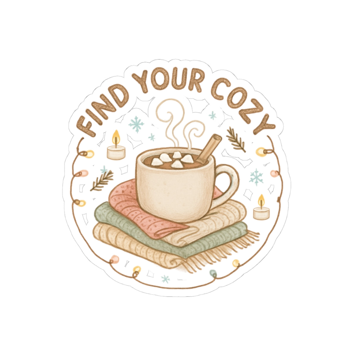 Find Your Cozy Sticker — Hot Cocoa & Blankets Kiss-Cut Sticker