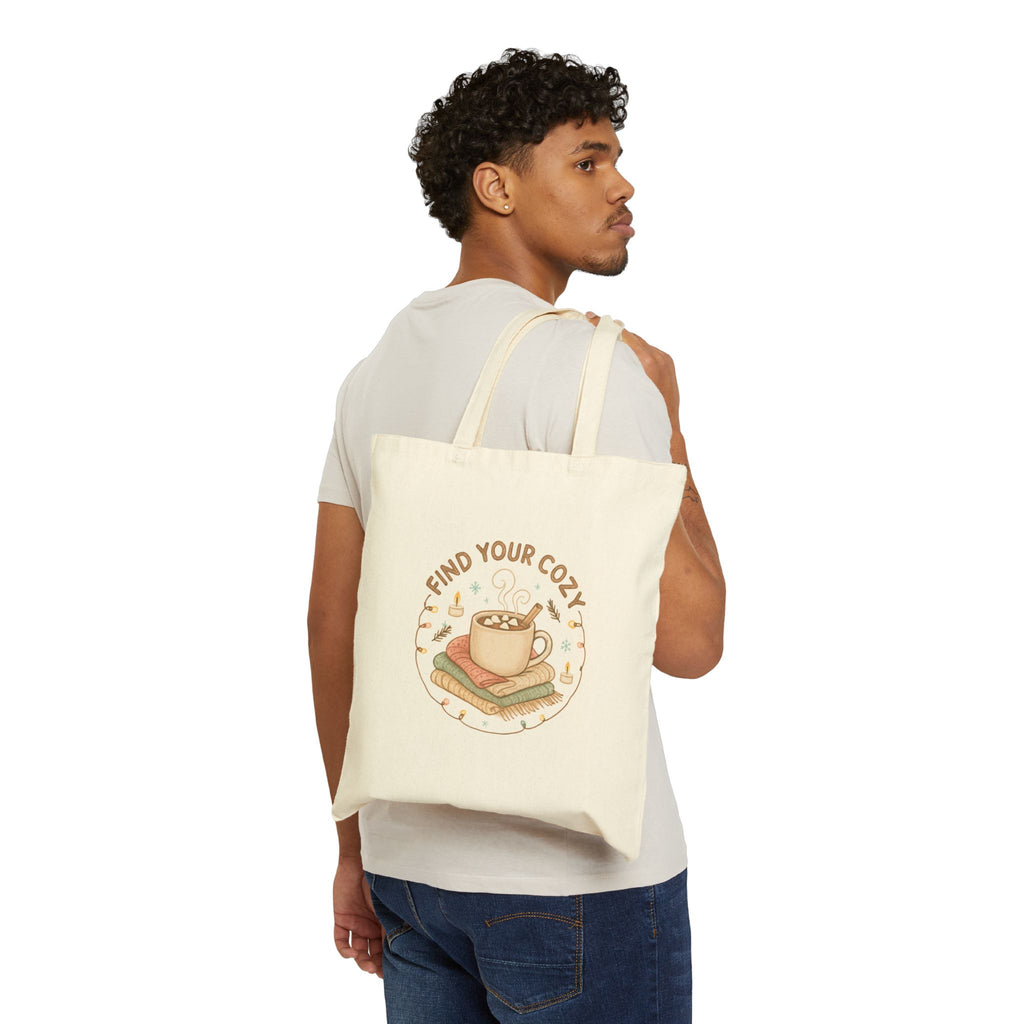 Cozy Cafe Tote — "Find Your Cozy" Cotton Canvas Book & Coffee Bag