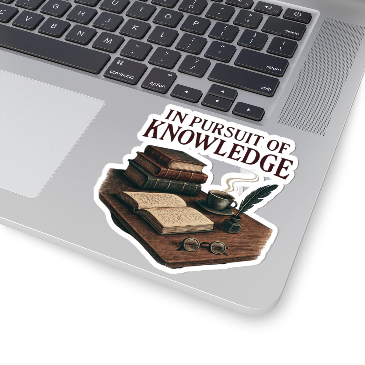 Kiss-Cut Sticker — "In Pursuit of Knowledge" Vintage Books & Quill Laptop Decal