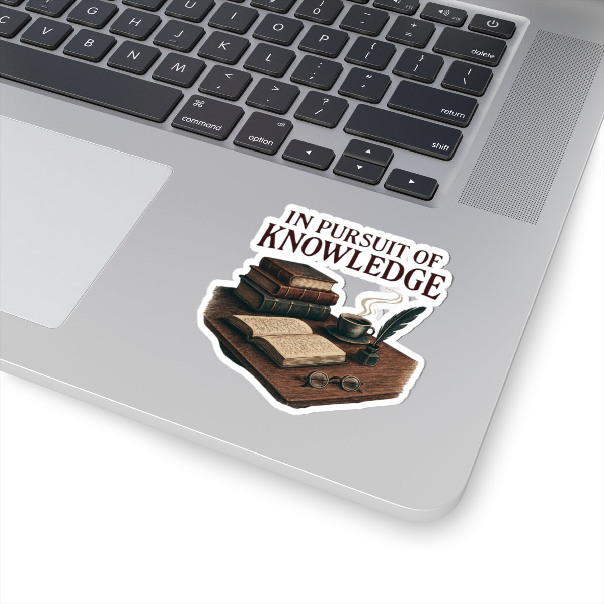 Kiss-Cut Sticker — "In Pursuit of Knowledge" Vintage Books & Quill Laptop Decal
