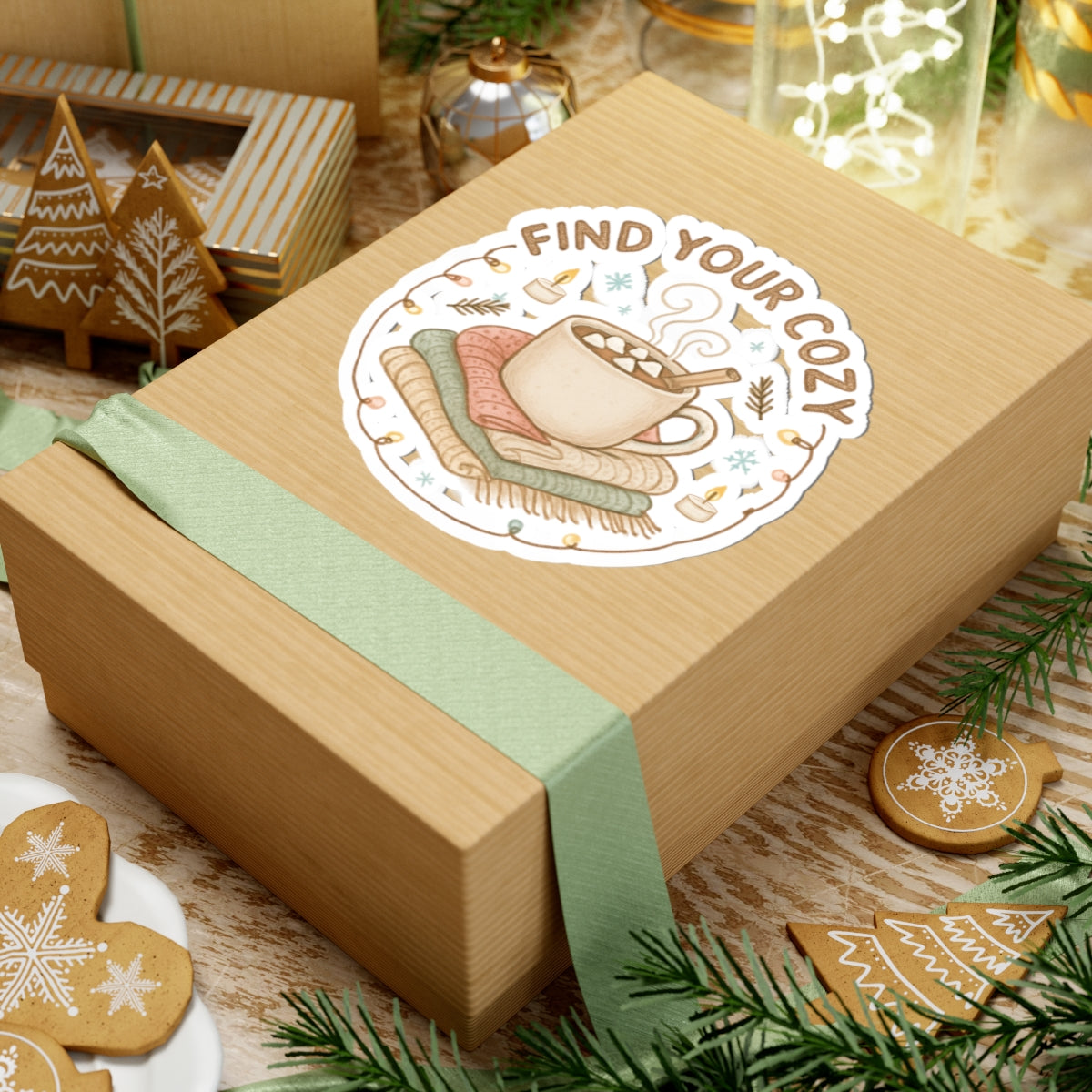 Find Your Cozy Sticker — Hot Cocoa & Blankets Kiss-Cut Sticker