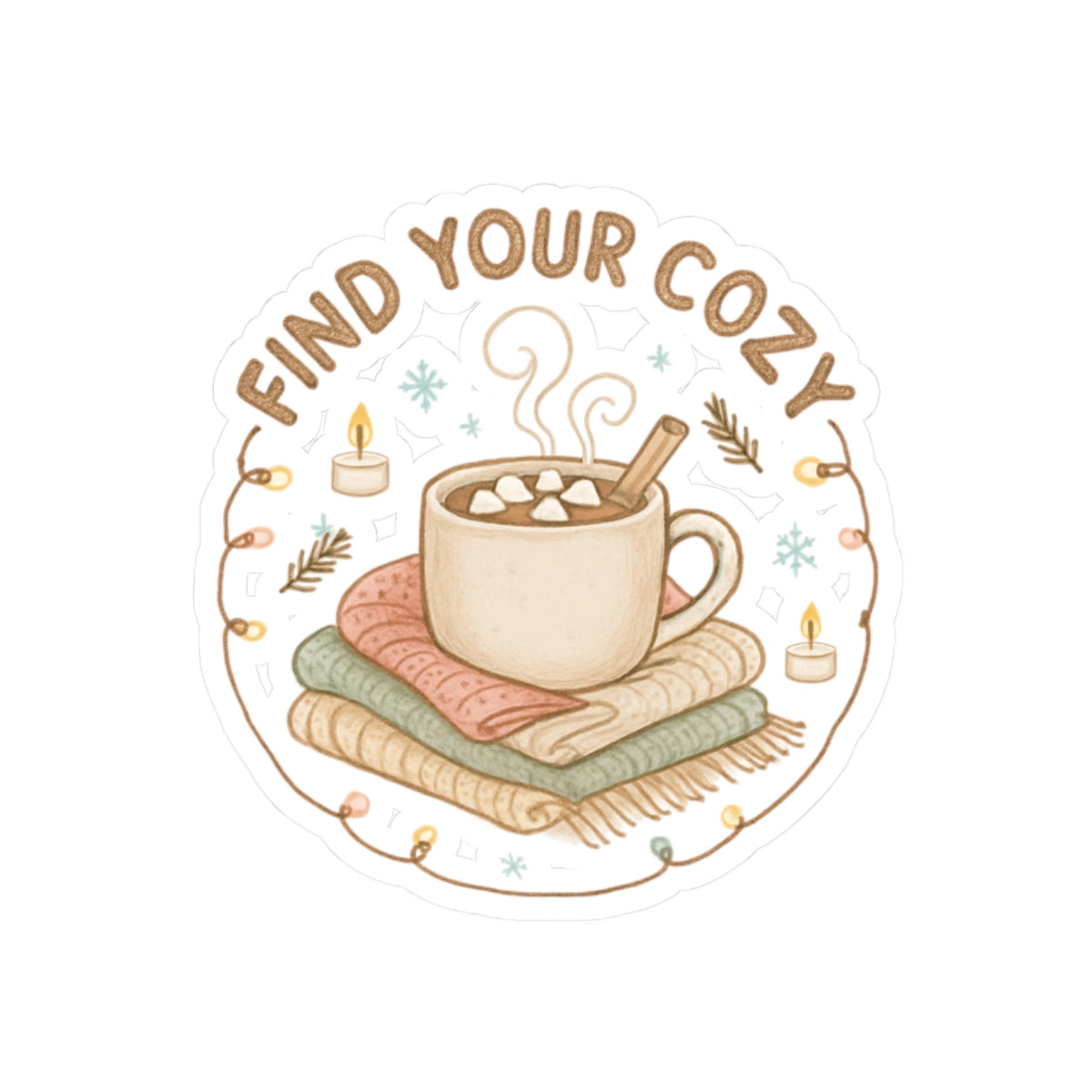Find Your Cozy Sticker — Hot Cocoa & Blankets Kiss-Cut Sticker