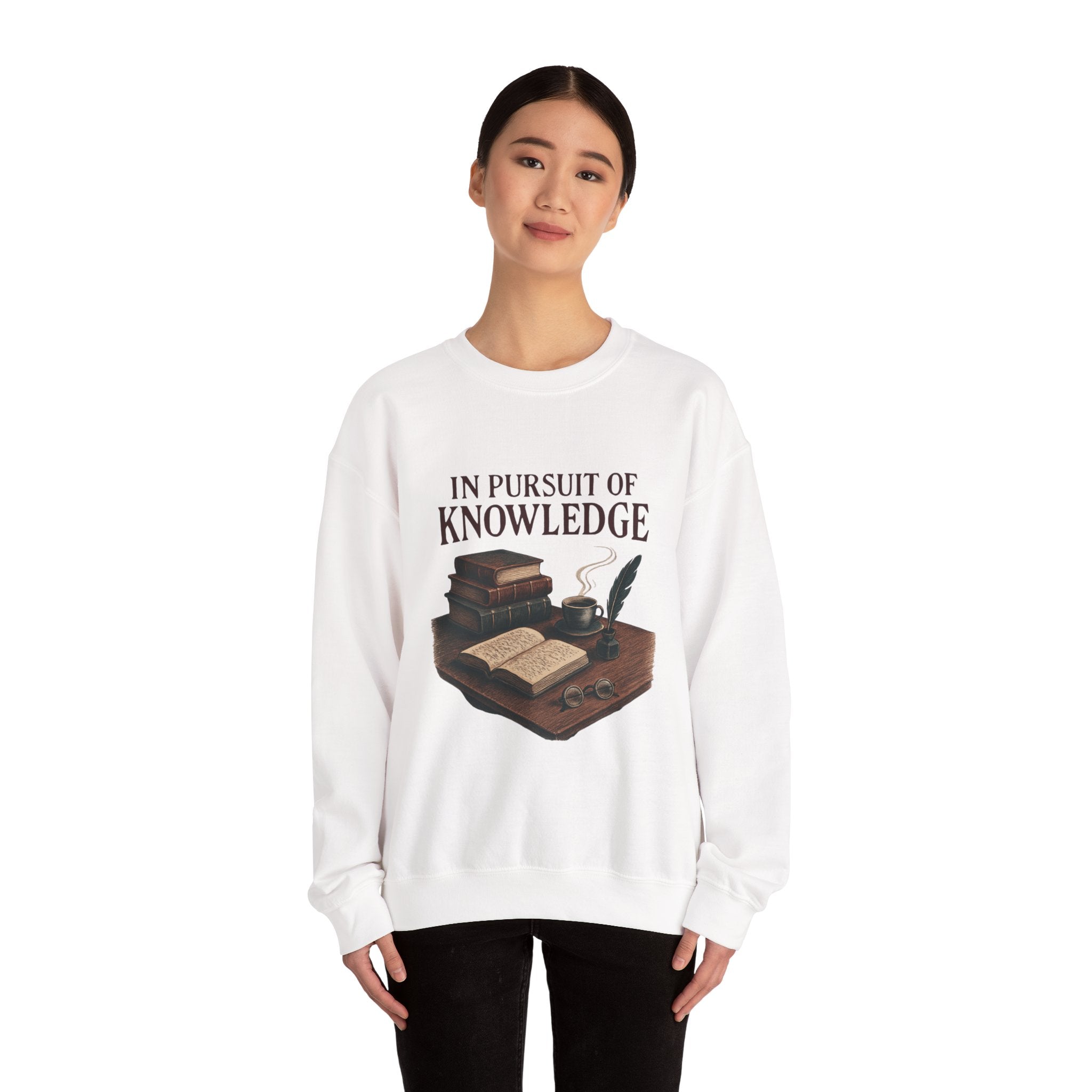 Knowledge Lover Sweatshirt — "In Pursuit of Knowledge" Book & Quill Crewneck