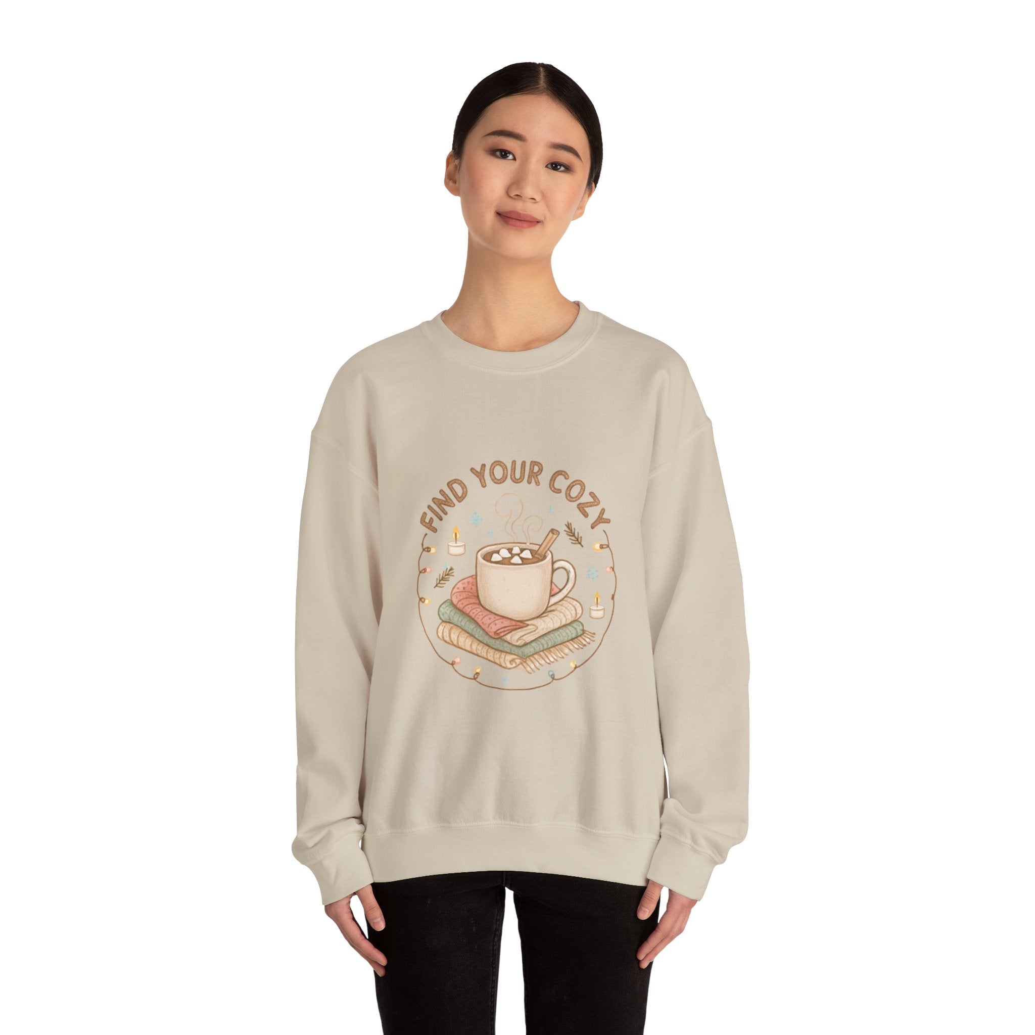 Cozy Finds Sweatshirt — "Find Your Cozy" Hot Cocoa Crewneck