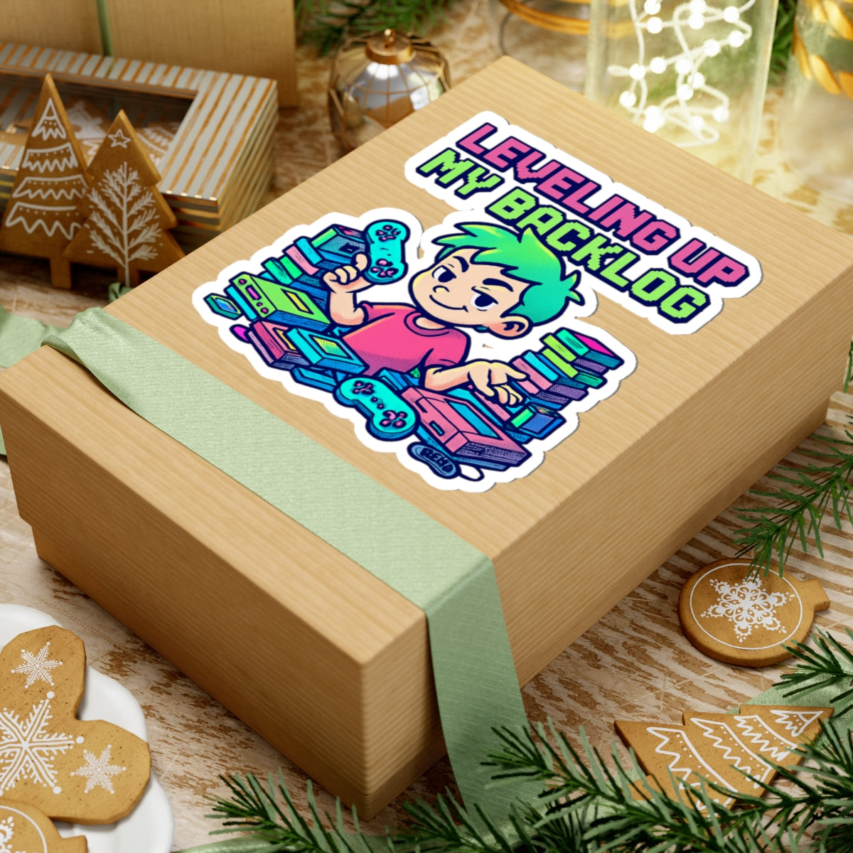 Leveling Up My Backlog Kiss-Cut Sticker — Gamer Stack Laptop Decal