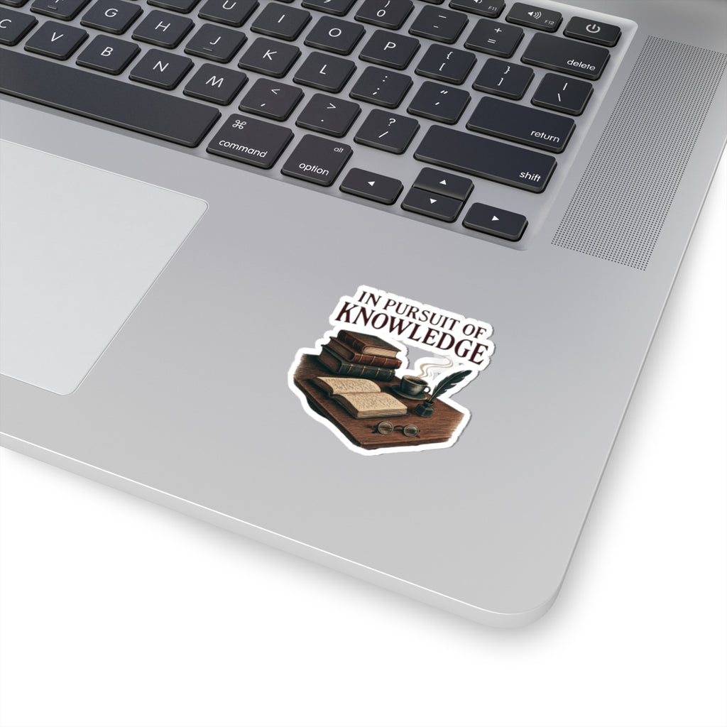Kiss-Cut Sticker — "In Pursuit of Knowledge" Vintage Books & Quill Laptop Decal