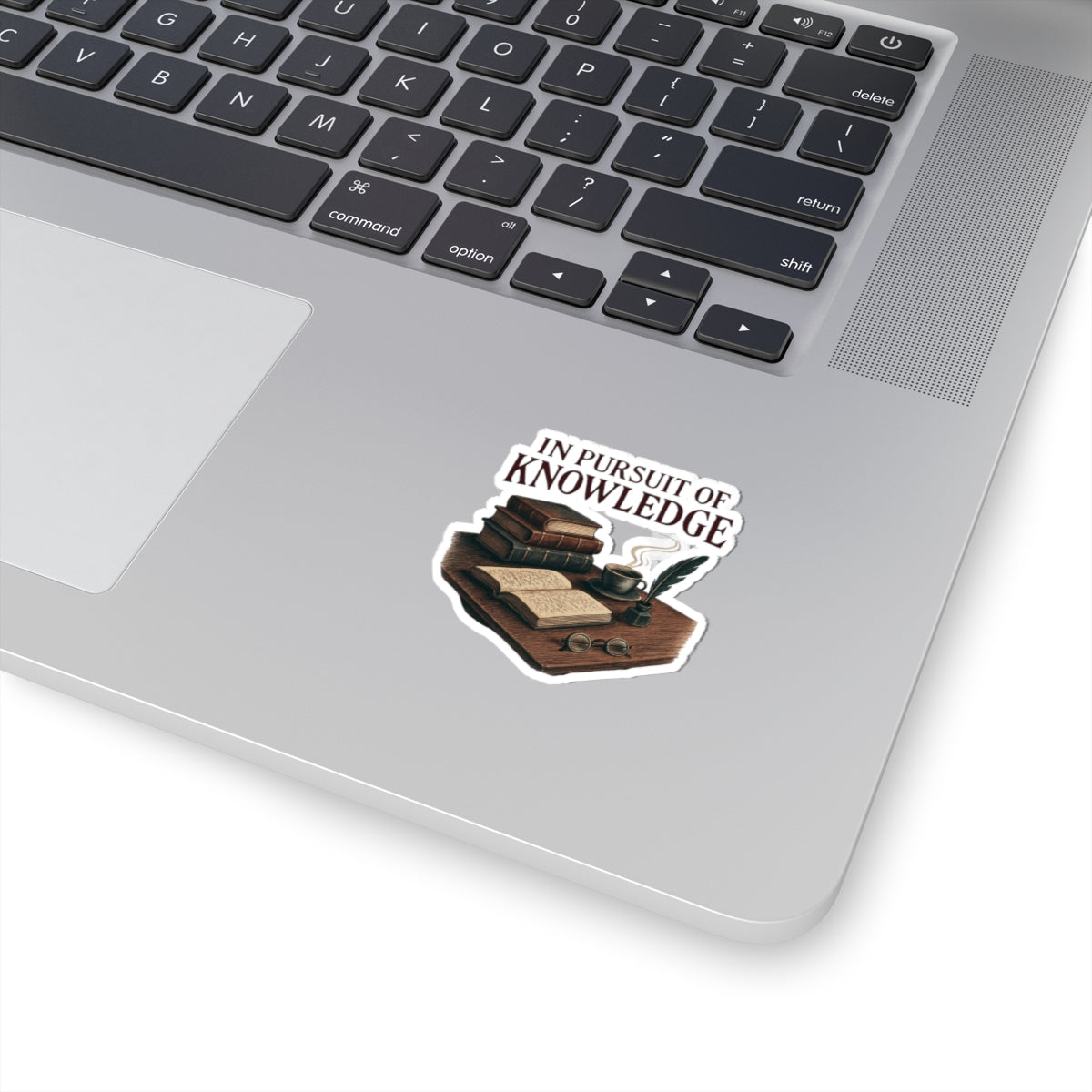 Kiss-Cut Sticker — "In Pursuit of Knowledge" Vintage Books & Quill Laptop Decal