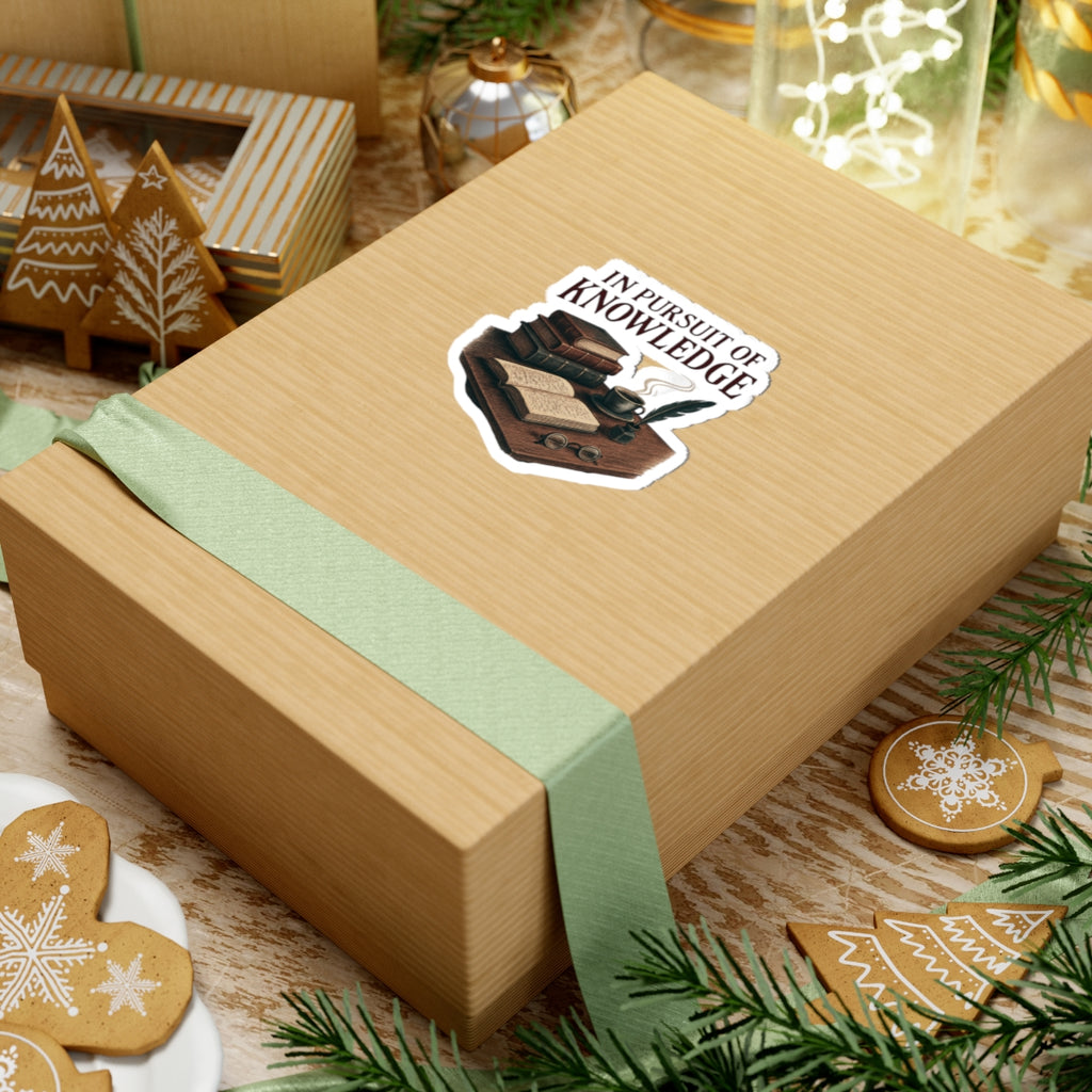 Kiss-Cut Sticker — "In Pursuit of Knowledge" Vintage Books & Quill Laptop Decal